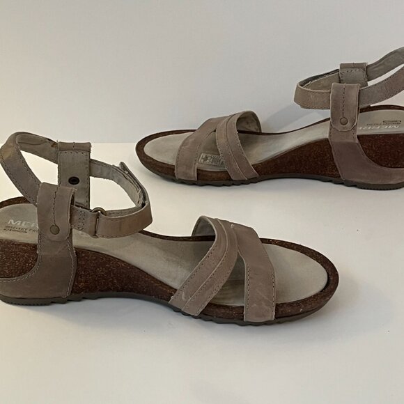 Merrell Select Grip Air Cushion Tan Leather Cork Wedge Sandals ~ Women's Size 8 - Picture 1 of 11